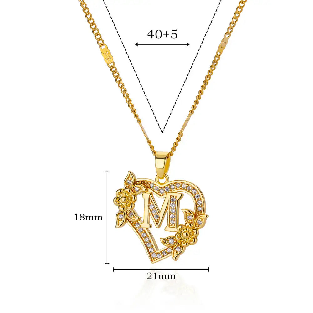 Zircon Flower Heart Initials Necklaces for Women Stainless Steel Heart Lover Gold Color Letter Chain Collar Necklace Jewelry