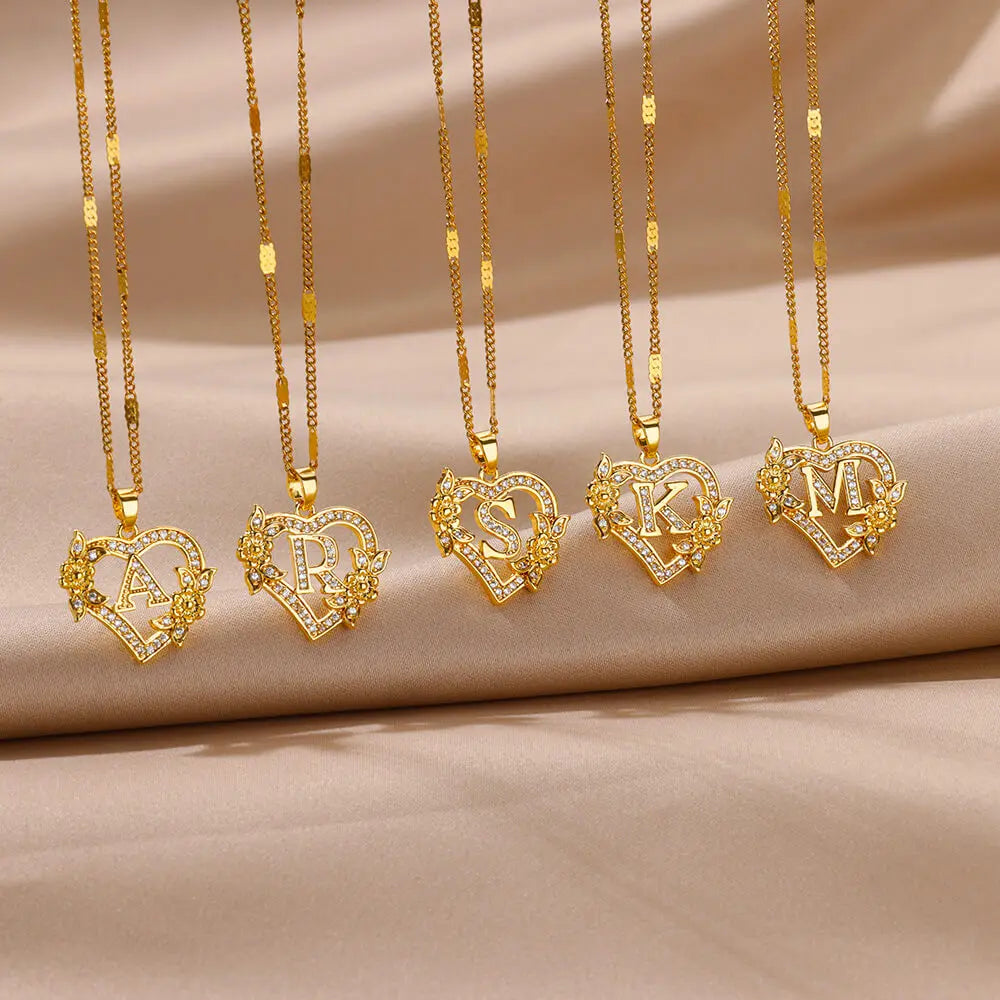 Zircon Flower Heart Initials Necklaces for Women Stainless Steel Heart Lover Gold Color Letter Chain Collar Necklace Jewelry