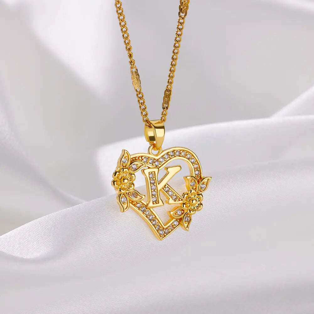 Zircon Flower Heart Initials Necklaces for Women Stainless Steel Heart Lover Gold Color Letter Chain Collar Necklace Jewelry