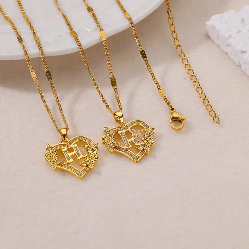 Zircon Flower Heart Initials Necklaces for Women Stainless Steel Heart Lover Gold Color Letter Chain Collar Necklace Jewelry