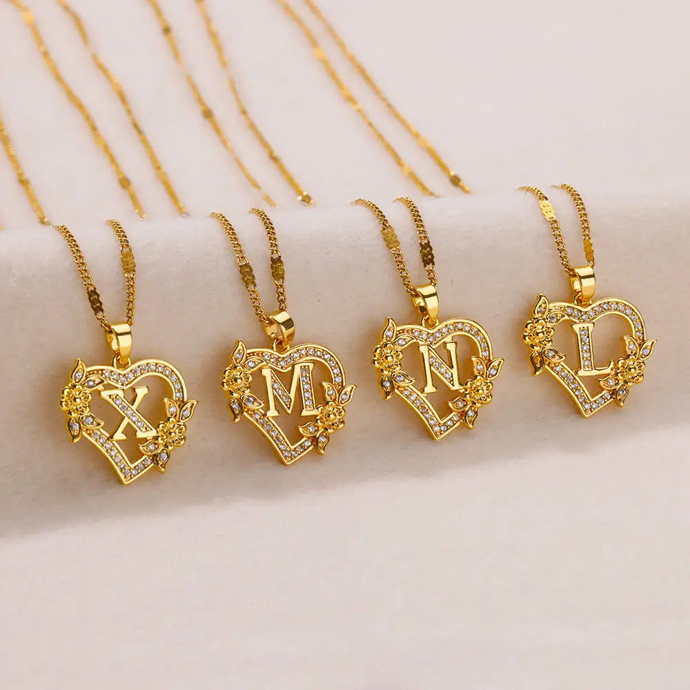 Zircon Flower Heart Initials Necklaces for Women Stainless Steel Heart Lover Gold Color Letter Chain Collar Necklace Jewelry