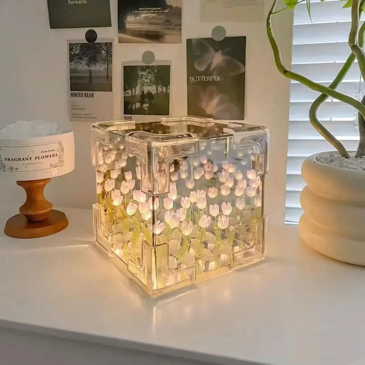 New Creative Diy Tulip Flower Sea Cube Three-Dimensional Small Night Lamp Material Package for Girlfriend Couple Girlfriend Gift