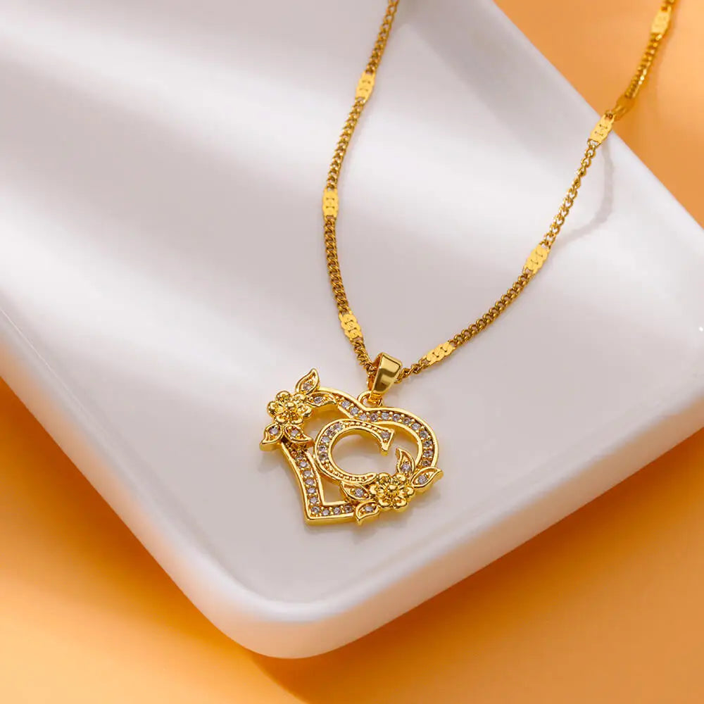 Zircon Flower Heart Initials Necklaces for Women Stainless Steel Heart Lover Gold Color Letter Chain Collar Necklace Jewelry