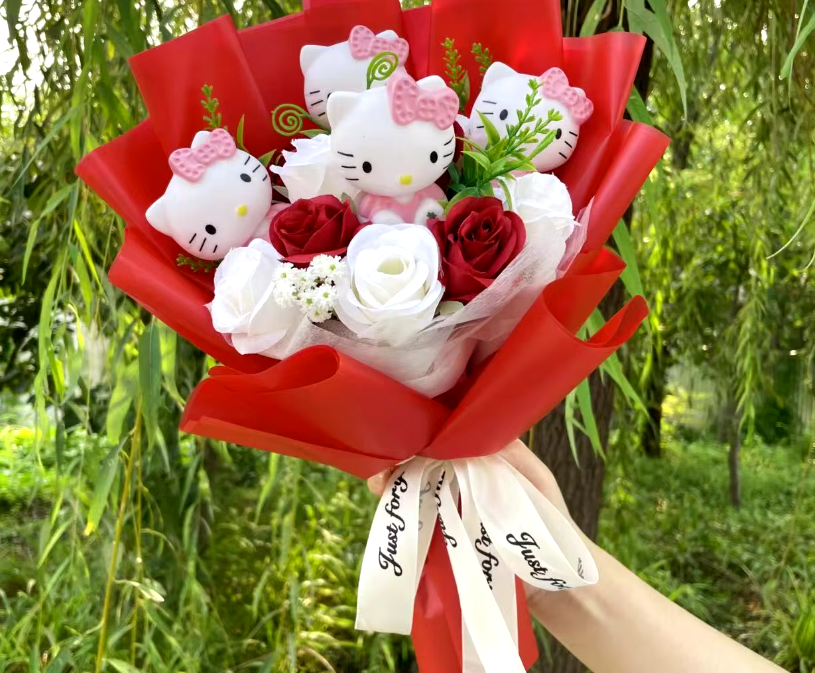 Hello Kitty Dolls with Artificial Flowers bouquet