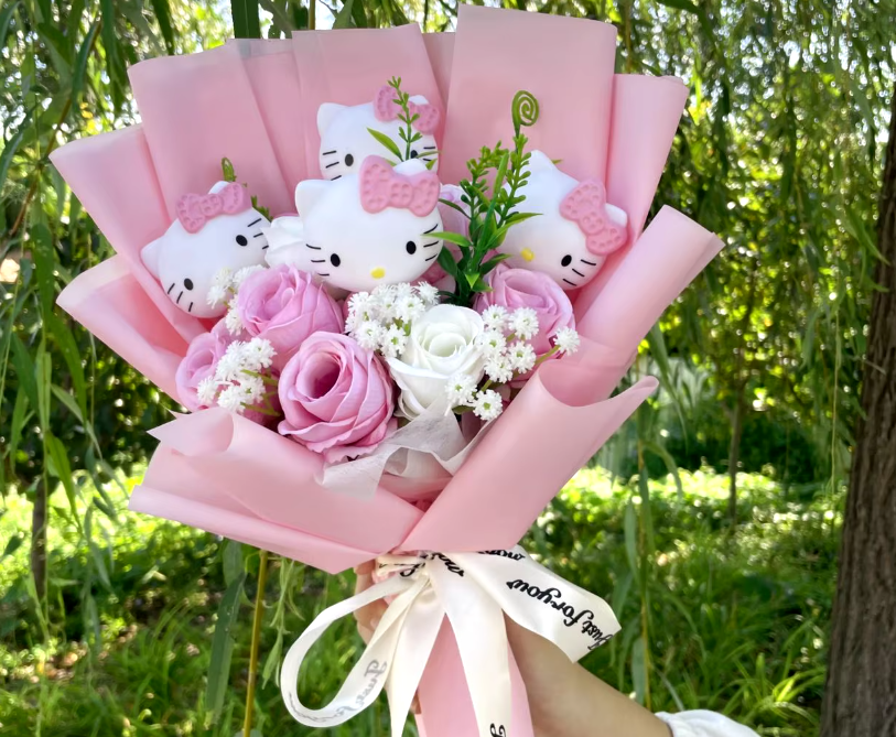 Hello Kitty Dolls with Artificial Flowers bouquet