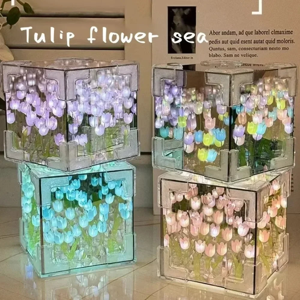 New Creative Diy Tulip Flower Sea Cube Three-Dimensional Small Night Lamp Material Package for Girlfriend Couple Girlfriend Gift